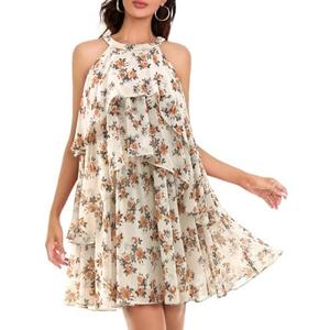 DRESSTELLS Women's Cocktail Ruffle Tiered Dresses, Formal Wedding Guest Holiday Party Halter Mini Dress L
