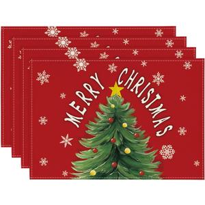 Artoid Mode Red Xmas Pine Snowflake Merry Christmas Placemats for Dining Table, 12 x 18 Inch Seasonal Winter Washable Table Mats Set of 4