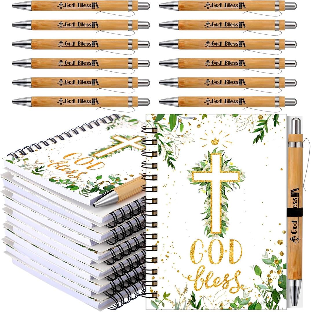 Resurhang 12 Sets 24 Pcs First Communion Notebook Christian Gifts 5.5 x 4.3'' God Bless Spiral Notebook Ballpoint Pens for First Holy Communion Religious Souvenir Baptism Church Accessories