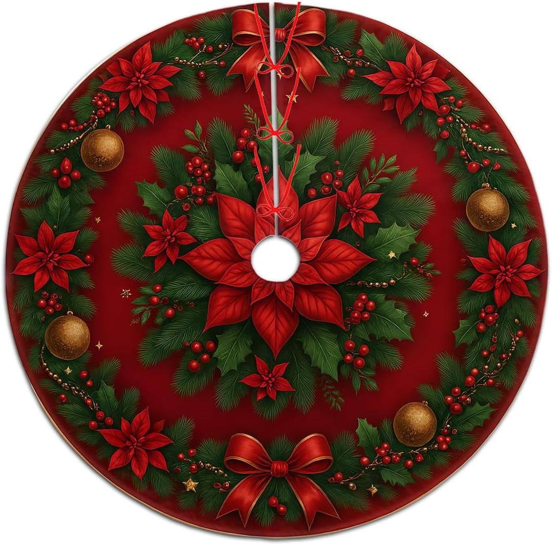 Christmas Tree Skirt 36 inch, Christmas Holly Bow Classic Xmas Tree Skirt Mat for New Year Holiday Christmas Party Decorations
