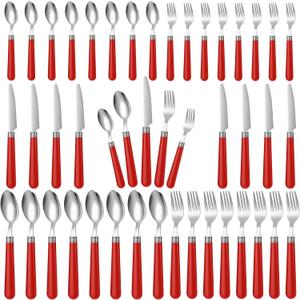 Sabary 40 Pcs Handle Silverware Stainless Steel Sets for 8 Flatware Cutlery with Colored Handles 8 Dinner Knife, 8 Dinner Fork, 8 Salad Fork, 8 Dinner Spoon, 8 Dessert Spoon for Home(Red)
