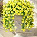 Ivydale 2 PCS Artificial Hanging Flowers Fake Plants Outdoor,Silk Morning Glory Faux Flowers with Eucalyptus Leaves,UV Resistant Realistic Hanging Petunias Plants for Home Garden Decor (Yellow)