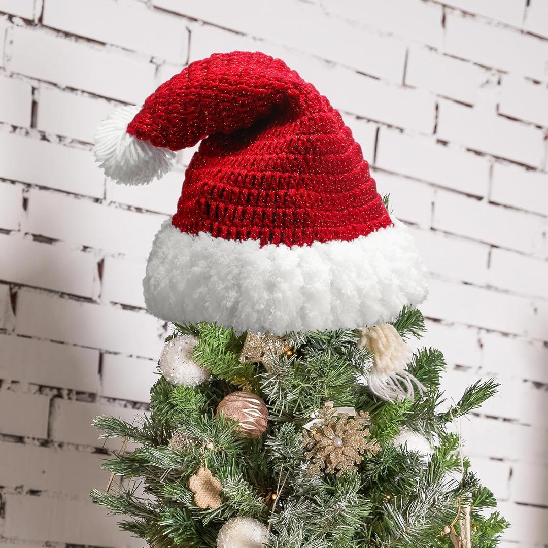 Syhood Christmas Tree Topper Red Crochet Santa Hat Farmhouse Holiday Xmas Decor for Christmas Tree Ornament Party Decoration