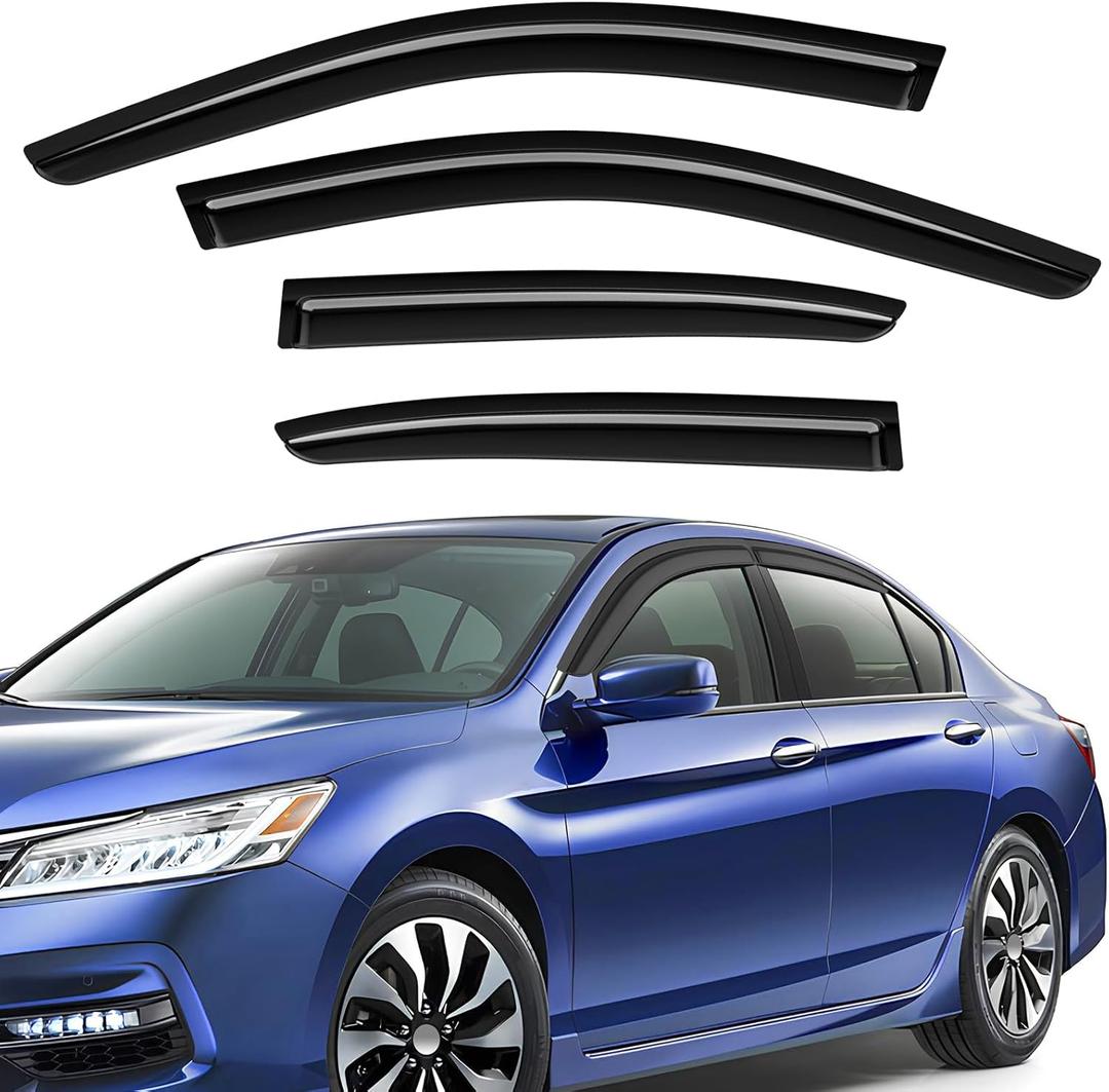 Tape-On Rain Guards Compatible with Honda Accord 2008-2017 Black Extra Durable Shatterproof Side Window Deflectors, Window Visors, Wind Deflectors - 4 PCS