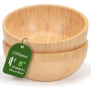 ZTHapwa Bamboo Salad Bowls, 8 Inch Big Round Bamboo Wooden Bowls for Salads/Fruits/Pasta/Vegetables, 49 Fl oz Handcraft Serving Bowl for Entertaining and Party, Rustic Home Decor Set of 2