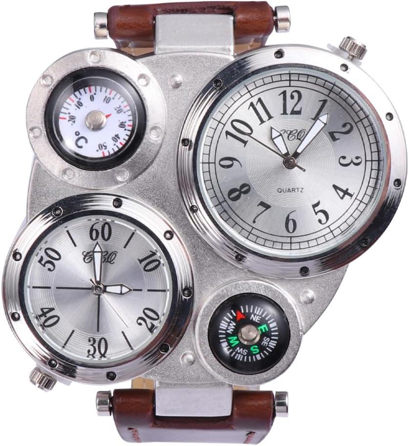 NICERIO Mens Big Face Watches - Cool Wrist Watch Genuine Leather Strap Dual Time Zone Sport Watch Analog Quartz Display with Thermometer Compass