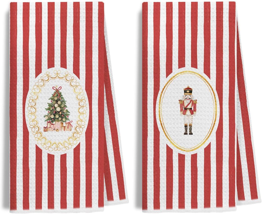 Red and Gold Christmas Tree Kitchen Towels Decorative, Red Striped Christmas Hand Tea Towels for Bathroom, Xmas Holiday Dishtowels, 16x24 Inches Set of 2 (Chrismas -04)