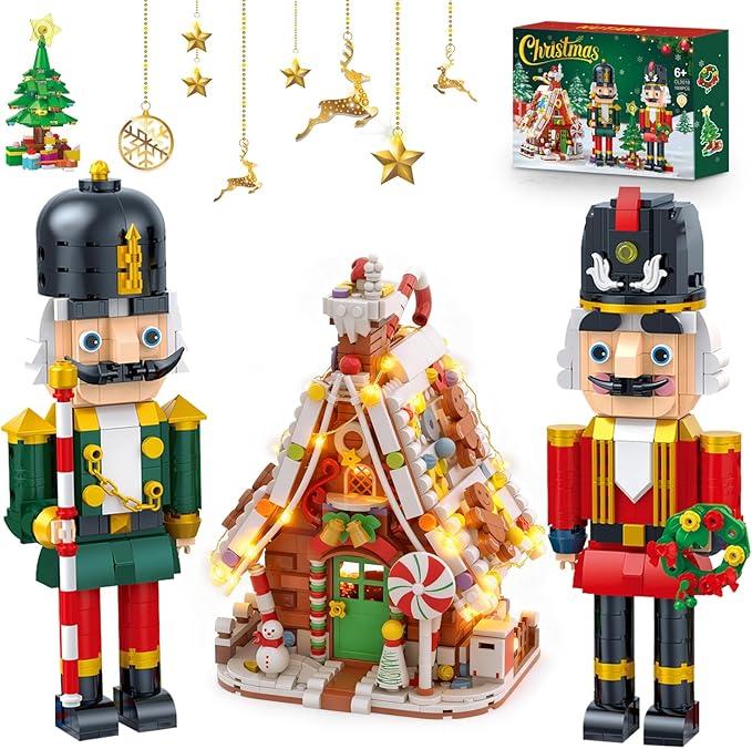 NUTAIN Christmas Gingerbread House&Nutcracker Building Set with LED Light，Xmas Decor Toy Gifts for Adults Kids Girls Boys Ages 8+ (1606 Pieces)