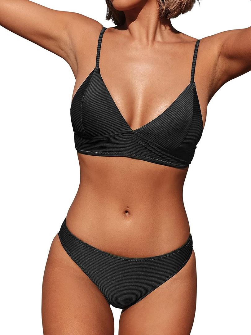 CUPSHE Women Bikini Set Solid Color Sexy Triangle Two Piece Swimsuit (Medium, Black)