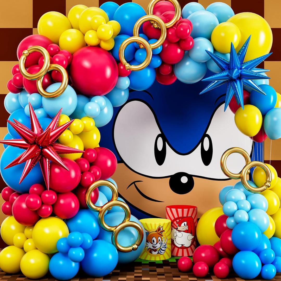 ALL-IN-1 Hedgehog Balloon Arch Kit with BONUS Rings & Starburst Balloons - Red Blue Yellow Balloons Garland for Cartoon Hedgehog Birthday Party Decorations & Party Supplies - Sonic Party Decorations, S