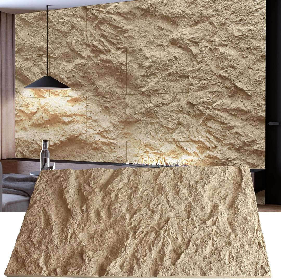 KASARO 3D Faux Stone Wall Panels, 4 PCS PU Wainscoting Panel for Interior Wall Decor, Cement Texture Thicker Accent for Home, Office, 43.3 23.6 inch, Golden Hemp