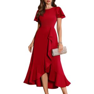 BeryLove Women Formal Party Dresses Flutter Short Sleeve Wedding Guest Cocktail Long Evening Dress, L
