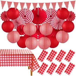 Moukeren 33 Pcs Picnic Party Decorations Set Paper Lanterns Red and White Checkered Gingham Pennant Banner with Hanging Paper Fans Tablecloth for Carnival Picnic BBQ Party Supplies