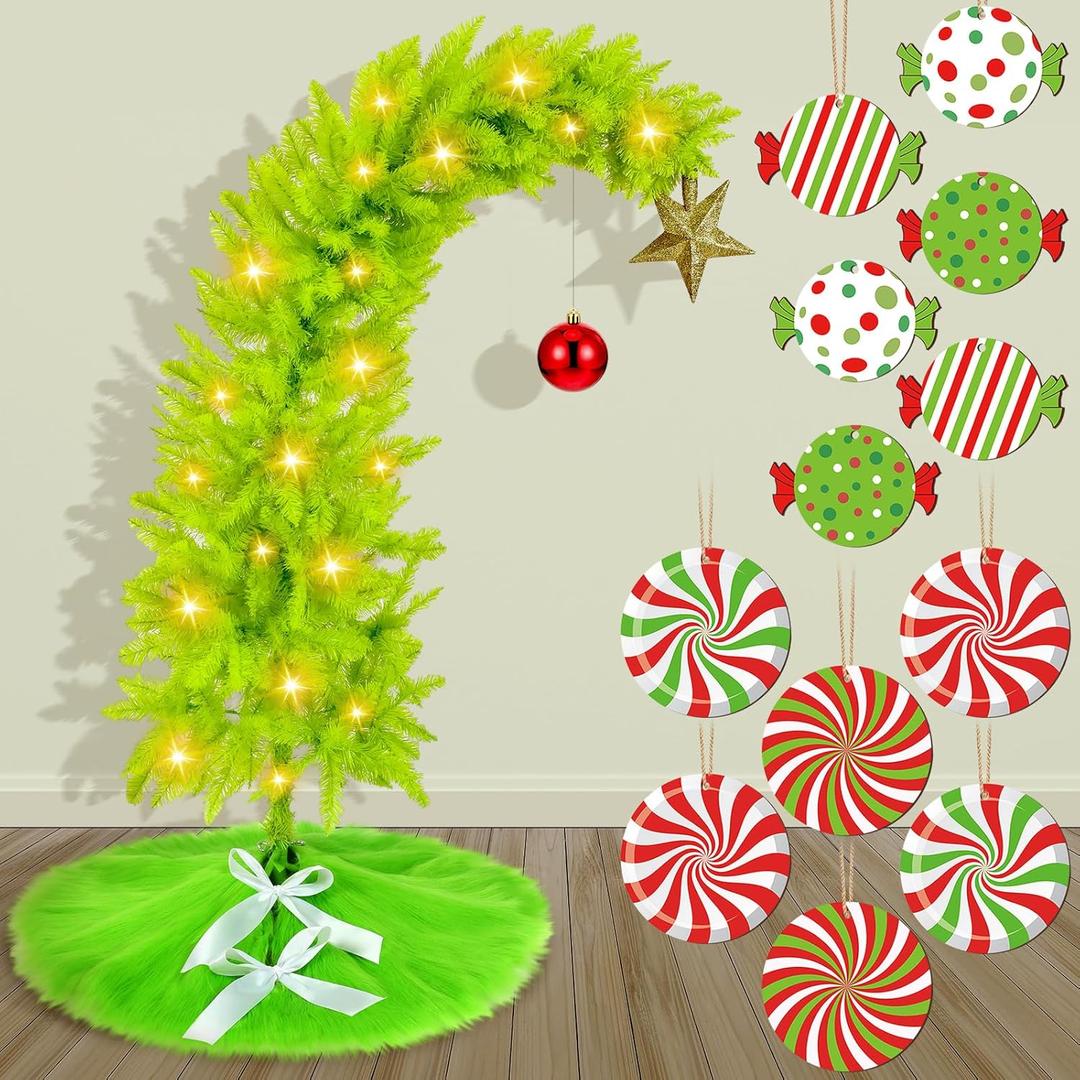 Hollowfly 3 ft Whimsical Christmas Tree Set Christmas Trees and Ornament Set Artificial Tree with Lights Xmas Green Fur Skirt Xmas Tree Topper Red Xmas Ball Candy Ornaments for Xmas Holiday