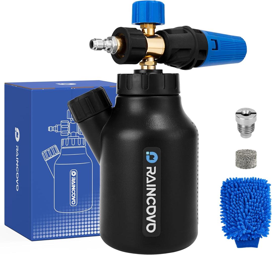 Foam Cannon for Pressure Washer Soap Attachment, Car Detailing Foam Cannon, Adjustable Snow Foam with 1/4 Quick Connect, 1 Liter Bottle with Measuring Cup, Additional 1.1 mm Orifice Nozzle