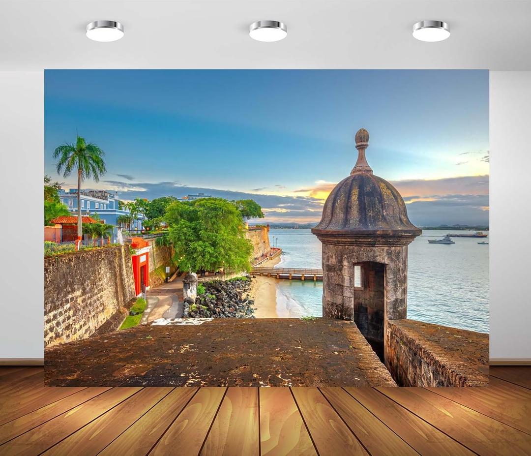 BELECO 9x6ft Fabric Puerto Rico Backdrop San Juan, Puerto Rico Caribbean Coast Along Paseo de la Princesa Background for Party Decorations Home Wall Decor Photo Booth Shoot Studio Props
