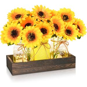 BLEUM CADE Centerpiece Table Decorations - 3Pcs Sunflowers Artificial Flowers in Mason Jars with Wood Tray for Dining Table Coffee Table Farmhouse Home Decor