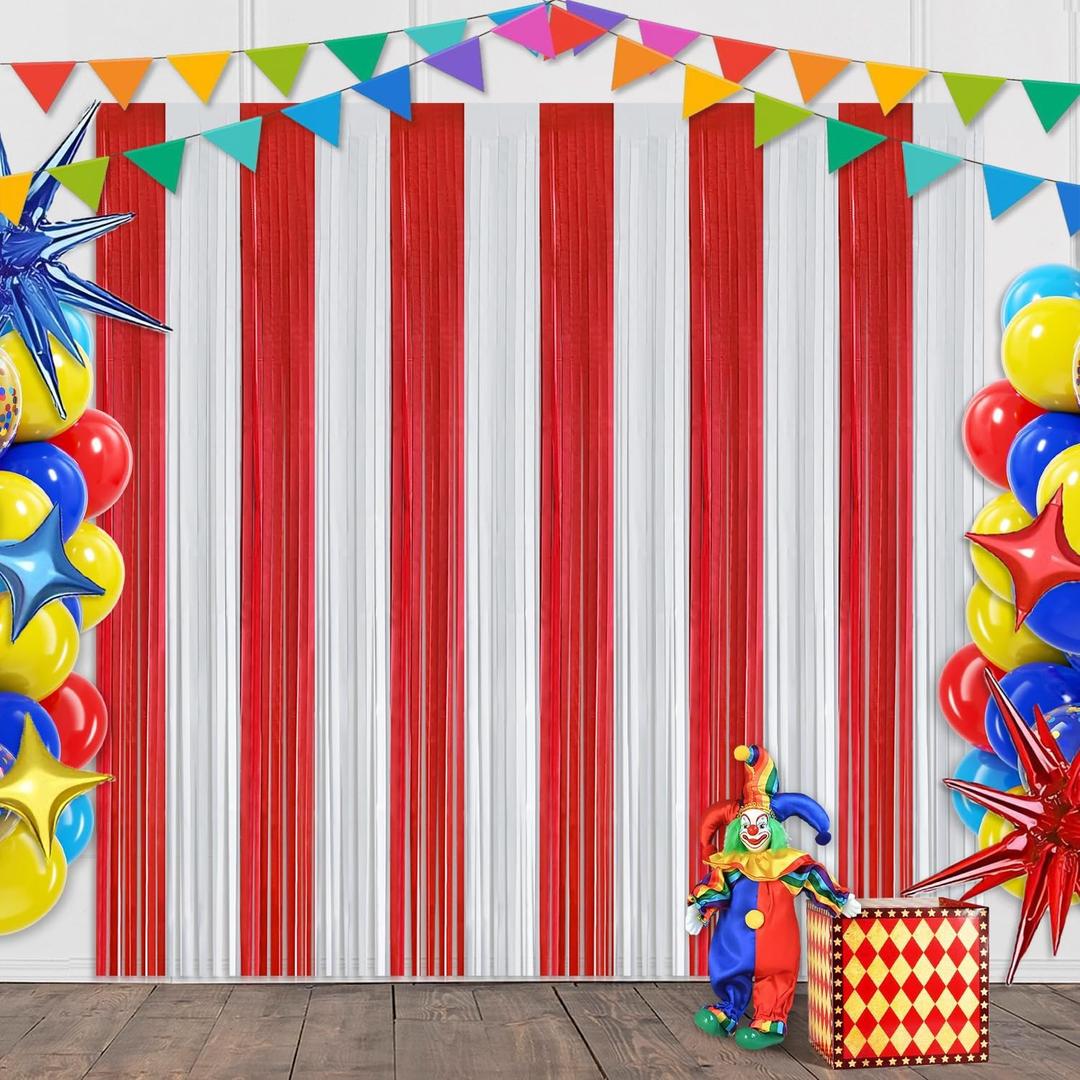 Red and White Foil Fringe Curtain Backdrop, 2 Pack Carnival Circus Party Decorations Metallic Tinsel Photo Booth Streamers for Carnival Birthday, Event Decor