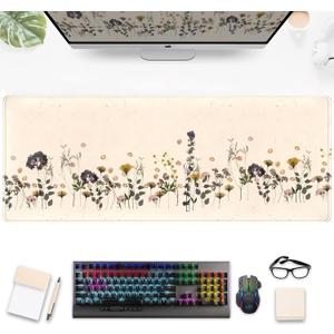 Wildflowers Desk Pad Beige Yellow Gaming Desk Mat, Large Keyboard Mouse Pad XL, Extended Full Laptop Mouse Mat, Office & Home Decor for Women, Desktop Aesthetic Accessories 31.5" x 11.8"