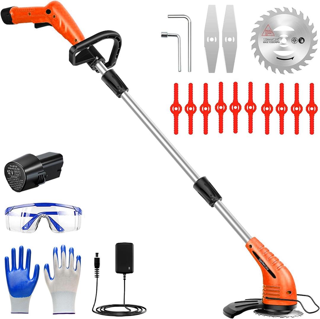 GardenJoy Weed Wacker Battery Operated: 12V Cordless Grass Trimmer with 2.0Ah Battery, Fast Charger and 3 Types Cutting Blade, Portable Electric Lawn Trimmer for Garden Yard Weeding Work (Orange)