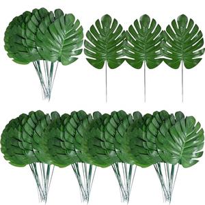 XONOR 100Pcs Artificial Monstera Leaves Fake Tropical Faux Palm Leaves with Stem for Jungle Hawaiian Dinosaur Luau Party Table Decoration Wedding Birthday Theme Party, Leaf Size: 7''x 5''