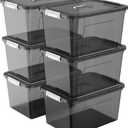 19 Quart Stackable Plastic Storage Bins with Lids, 6 Pack Clear Black Organizer Boxes with Secure Latches for Garage, Tools, Closet, Office, Durable Storage