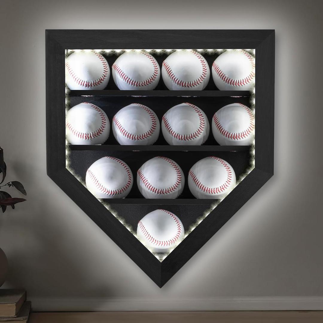 Baseball Display Case with Light, LED Baseball Holder Shadow Box for 12 Baseballs Display, HD Acrylic Front UV Protection,Wooden Frame for Collecting Autographed Balls Exquisite Souvenirs