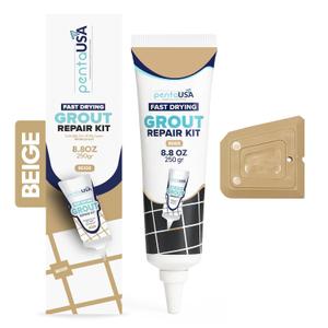 PentaUSA Warm Beige Tile Grout Repair Kit - Premixed Sanded Grout for Bathroom Shower Kitchen Floor, Beige Collection, Water-Resistant Filler Tube with Applicator, Easy DIY Restore (8.8oz / 250g)