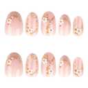 Nude Pink Flower Press on Nails Short Fakes Nails Almond Shape False Nails with Spring Flower Desings Nail Press Ons Full Cover Glue on Nails Spring Gold Lines Acrylic Nail for Women