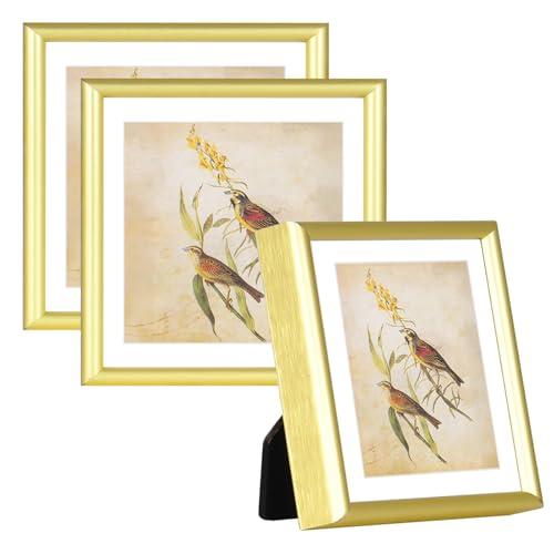 Fkvat 5x5 Picture Frame Set of 3, Gold Aluminum Metal Square Photo Frame with HD Glass, Fits 4x4 with Mat or 5 x 5 without Mat, Display For Tabletop or Wall Collage