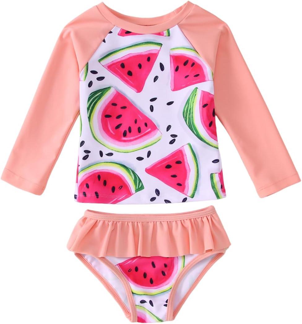 MODNTOGA Baby Girl Swimwear 2Pcs Long Sleeve Flower Swim Bathing Suit Set Toddler Kid Watermelon Graphic Swimsuit Beach Wear (6-12 Months, Light Pink Watermelon)