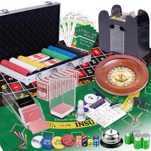 5 in 1 Super Casino Game Set: Blackjack/Texas Hold'em/Roulette/Craps/Poker Kit, 10" Wooden Roulette Wheel, Carrying Case with 360 Plastic Chips, 6 Deck Shuffler, 2 Double-Sided Rubber Mat And More