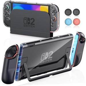 Clear Dockable Case for Nintendo Switch 2 2025, PC Protective Cover for Switch 2 Console, Hard TPU Grip Case with 4 Thumb Grip Caps for Joy-Con Controller, Pack of 2