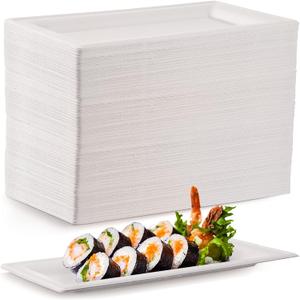 Hotop 300 Pieces Disposable Rectangle Plates 10 Inch White Rectangle Serving Platter Heavy Duty Sugarcane Bagasse Plate for Outdoor Indoor Parties Serve Meals Snacks Deserts Fruits