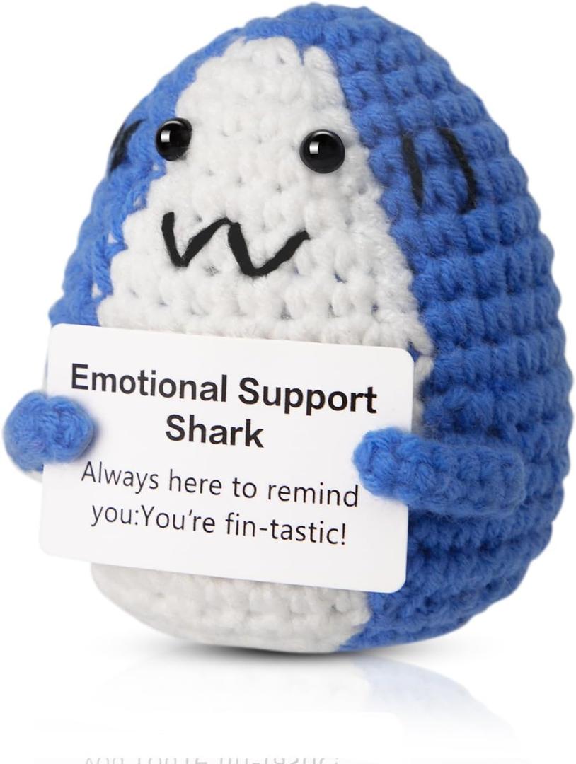2 x ddLUCK Positive Gifts for Women Men, Birthday Graduation Teacher Appreciation Gifts for Girls Friends Teens Coworker, Emotional Inspirational Support Cheer Up Handmade Crochet Shark Office Desk Decor