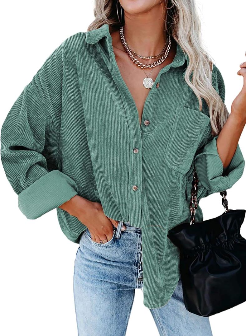 Dokotoo Womens Corduroy Button Down Shirts Boyfriend Long Sleeve Oversized Blouses Tops (Medium, 0a Green)