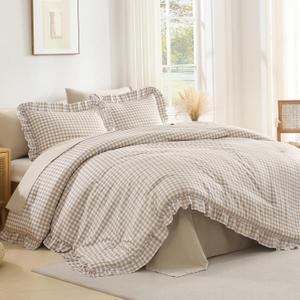 Andency Tan Gingham Ruffle Comforter Full (79x90Inch), 3 Pieces(1 Ruffled Comforter and 2 Pillowcases) Solid Farmhouse Shabby Chic Bed, Vintage Rustic Soft Polyester Bedding Set