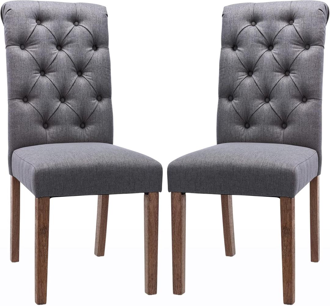 COLAMY Button Tufted Dining Chairs Set of 2, Parsons Upholstered Fabric Dining Room Chairs Kitchen Chairs with Wood Legs and Padded Seat, Dark Grey