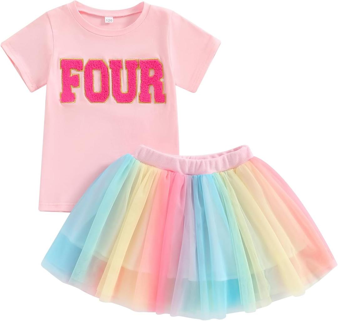 FIOMVA Toddler Girl Birthday Outfit Two Three Four Five Six Birthday Shirt+Tutu Tulle Skirt Little Girl Birthday Clothes (4-5 Years, Number Four Pink)