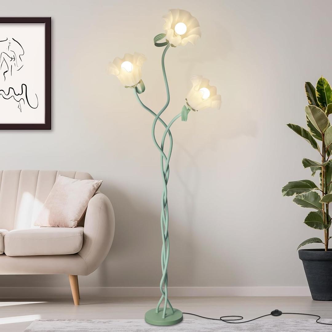 Flower Floor Lamp for Living Room, 3 Color Modes LED Modern Standing Lamps with 3 Heads Bulb Flexible Neck Shaft Tall Corner Floor Lamp for Bedroom Office Reading Decor (Green)