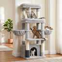 Hey-brother Cat Tree Tower, Scratching Posts with Extra Large Platform, Specious Condo, 2 Cozy Hammocks, Self-Grooming Brush for Indoor Adult Cats, Maine Coon 51.1 inches, Light Gray MPJ070W