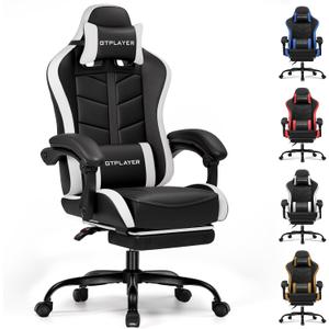 GTPLAYER Gaming Chair with Footrest, Computer Gaming Chair for Adults and Kids, Height Adjustable Gamer Chair with 90-155 Recline & Removable Headrest Lumbar Support (Coal Black-white)