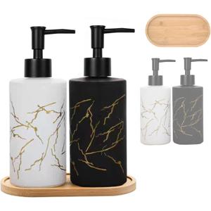 Glass Soap Dispenser Set, Hand and Dish Soap Dispenser Set with Bamboo Tray Modern Farmhouse Kitchen - 13oz