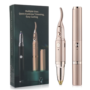 Eyelash Curler & Eyebrow Trimmer 2 in 1, Electric Lash Curler with 2 Temp Settings, Fast Heating, LED Light, Brow Shaper for Precise Shaping & Natural Curl, Gold
