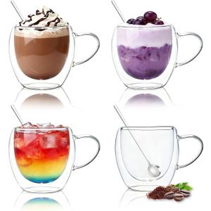 DINGPAl 4 Pack 8oz Double Wall Glass Coffee Mugs,Heat-resistant Borosilicate Glass Mug Cappuccino Espresso Tea Latte Cup with Handle,4 Spoons for Stirring Beverages in Bar,Cafe,or at Home