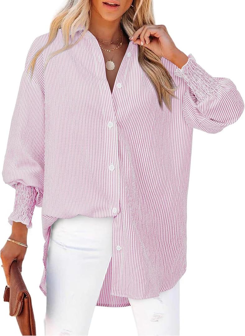 Women's Striped Button Down Shirts Long Sleeve Smocked Cuffed Oversized Boyfriend Blouses Collared Work No Pockets Tops (Pink, XL)