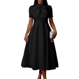Memoriesea Women's Elegant Casual Short Sleeve Work Party A-Line Dress with Pockets (M, Black)