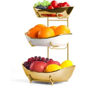 Fruit Bowl for Kitchen Counter, 3 Tier Ceramic Fruit Basket with Metal Stand, Tiered Fruit Stand for Countertop, Modern Multi Serving Bowl for Party Dessert, Vegetable, Snack