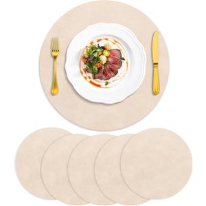 ADRIMER Placemats, Heat Resistant Round Placemats Set of 6 Washable, Waterproof Table Mats, Wipeable Faux Leather Place Mats for Kitchen, Dining Room, Beige