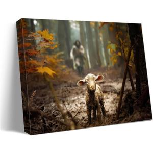 Ploceiny Religious wall decor for prayer room Christian wall art for Christmas decorations indoor Jesus and Lamb canvas wall prints Jesus Running After Lost Lamb Picture for home decor.A-417 (45"X30")